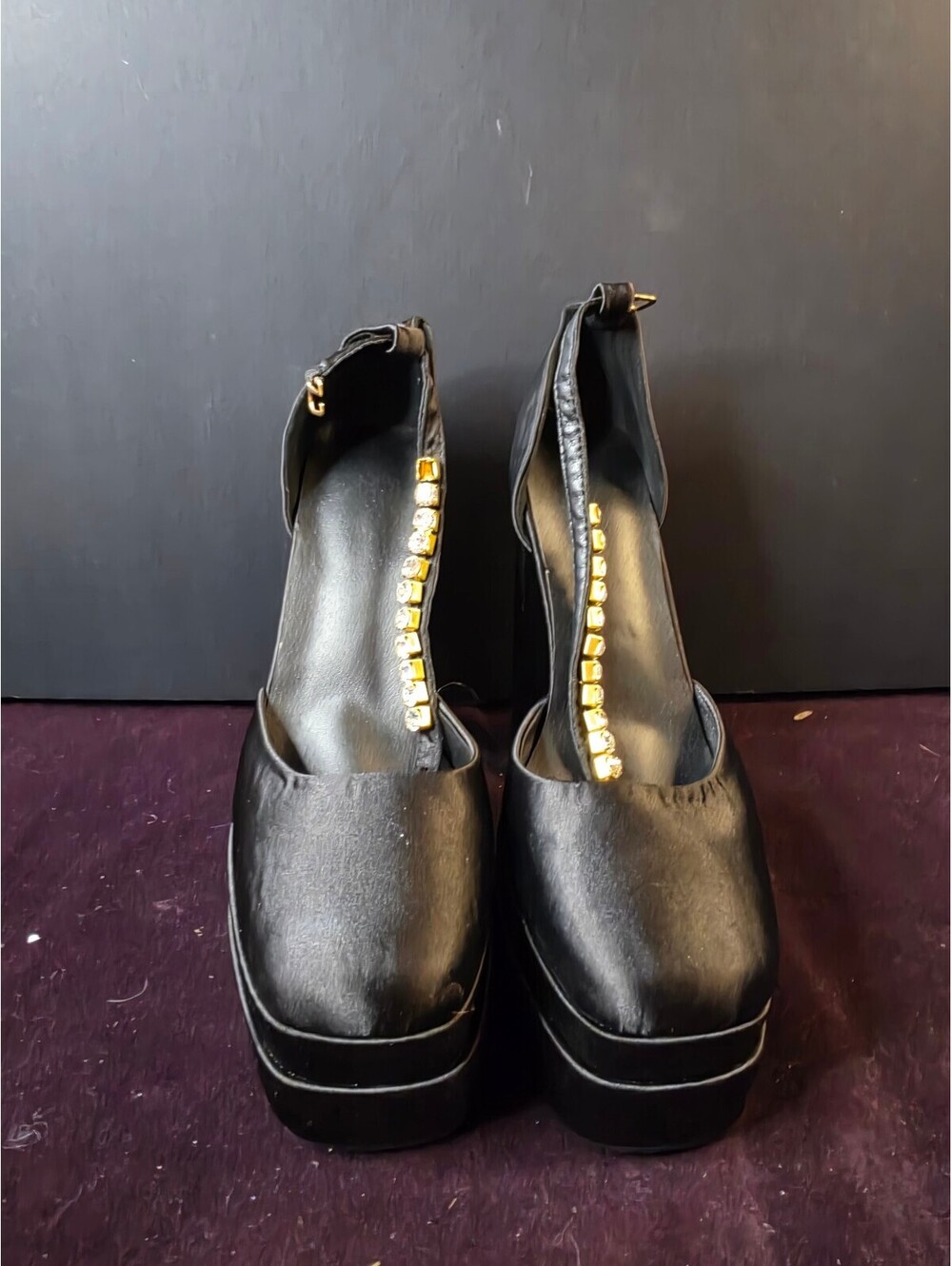 Black Platform High Heel Shoes with Rhinestone( missing 1) Ankle Strap Size 38